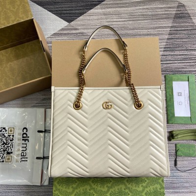 Gucci GG Marmont Medium Tote in White Chevron Calfskin GGBS10891