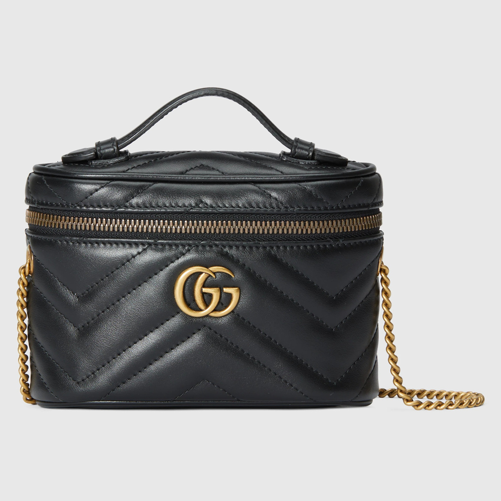 Gucci GG Marmont Mini Beauty Case in Black Chevron Leather GGBS10311