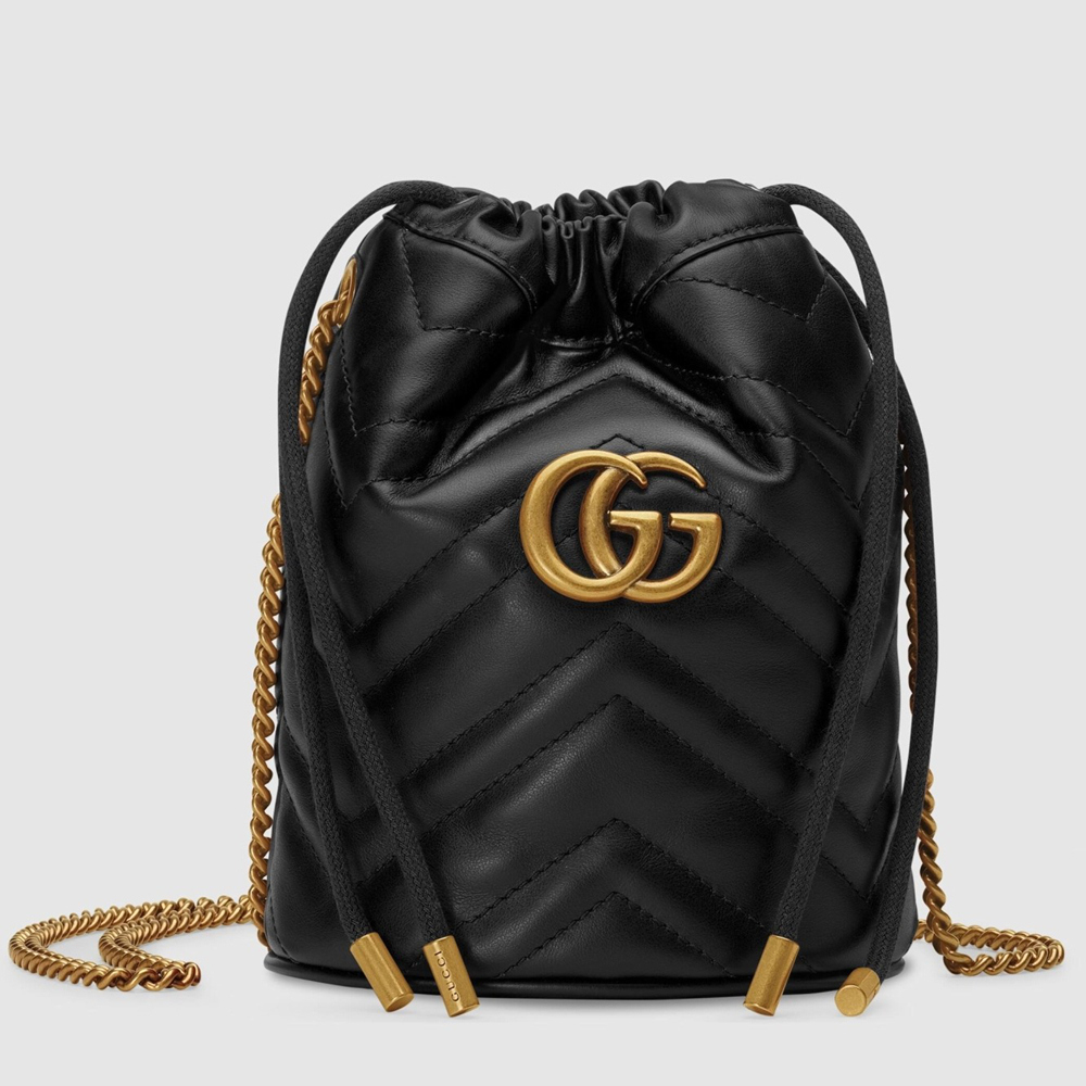 Gucci GG Marmont Mini Bucket Bag in Black Chevron Calfskin GGBS10275