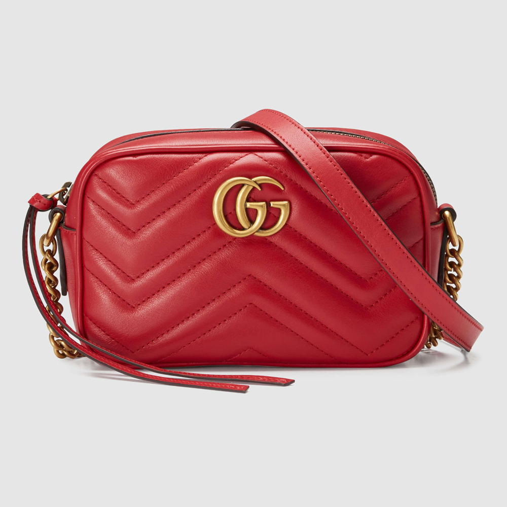 Gucci GG Marmont Mini Camera Bag in Red Chevron Leather GGBS10626