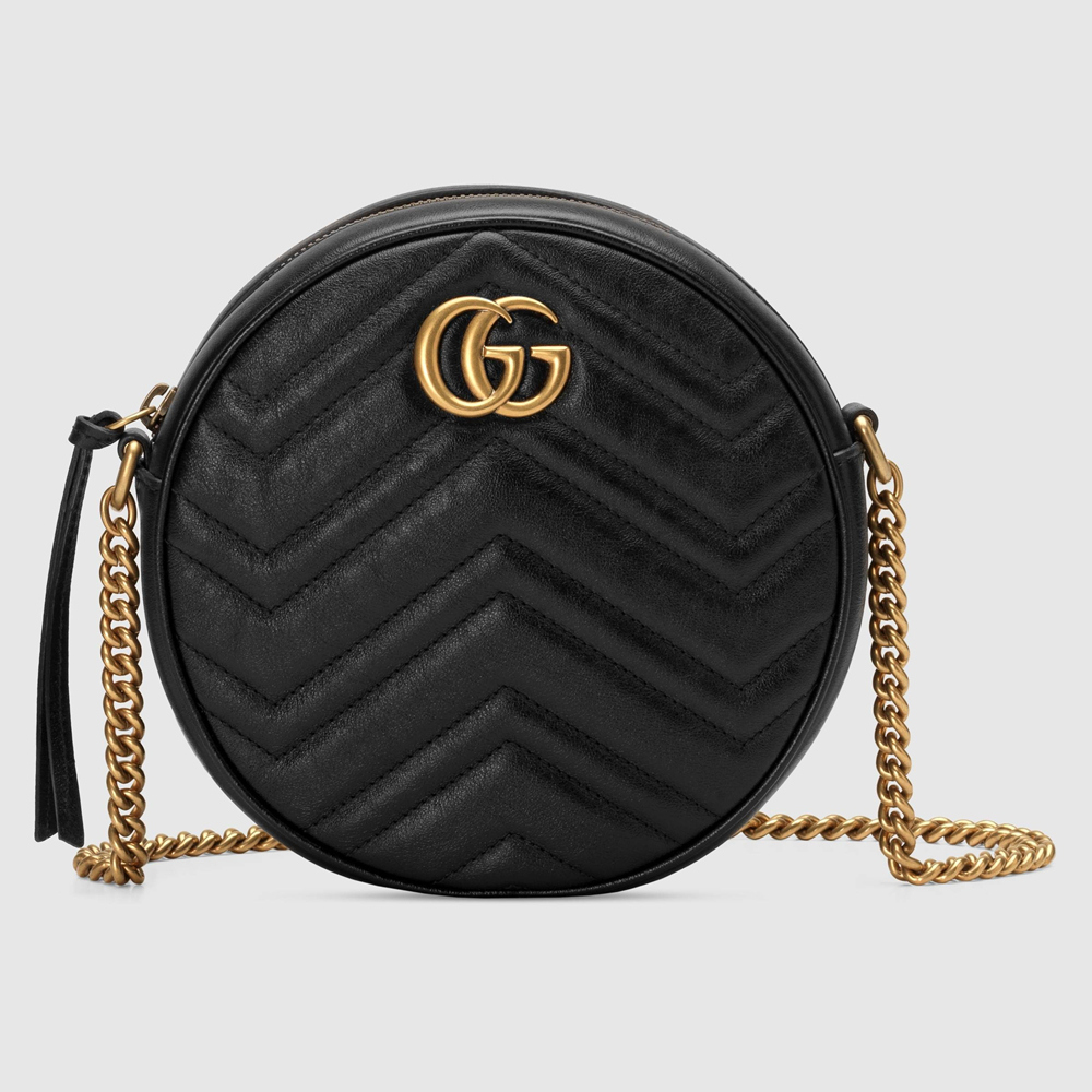 Gucci GG Marmont Mini Round Bag in Black Chevron Calfskin GGBS10323