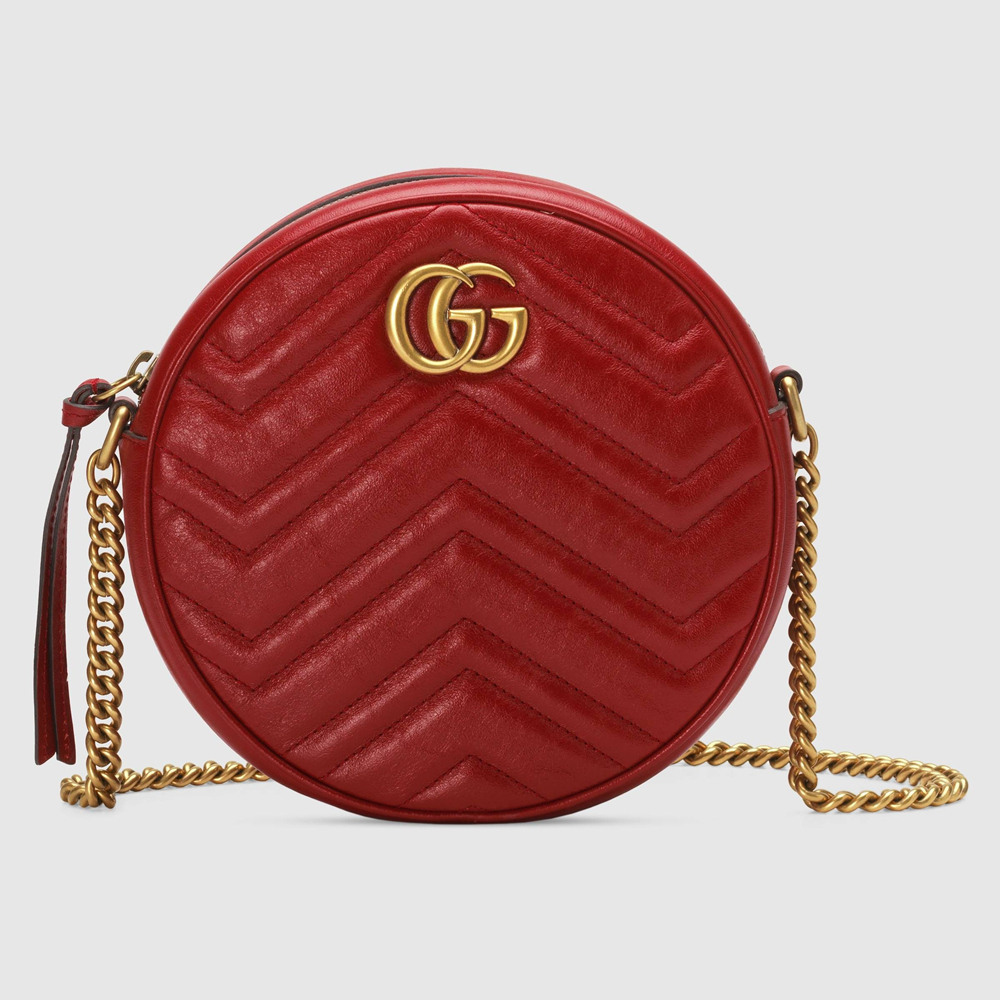 Gucci GG Marmont Mini Round Bag in Red Chevron Calfskin GGBS10324