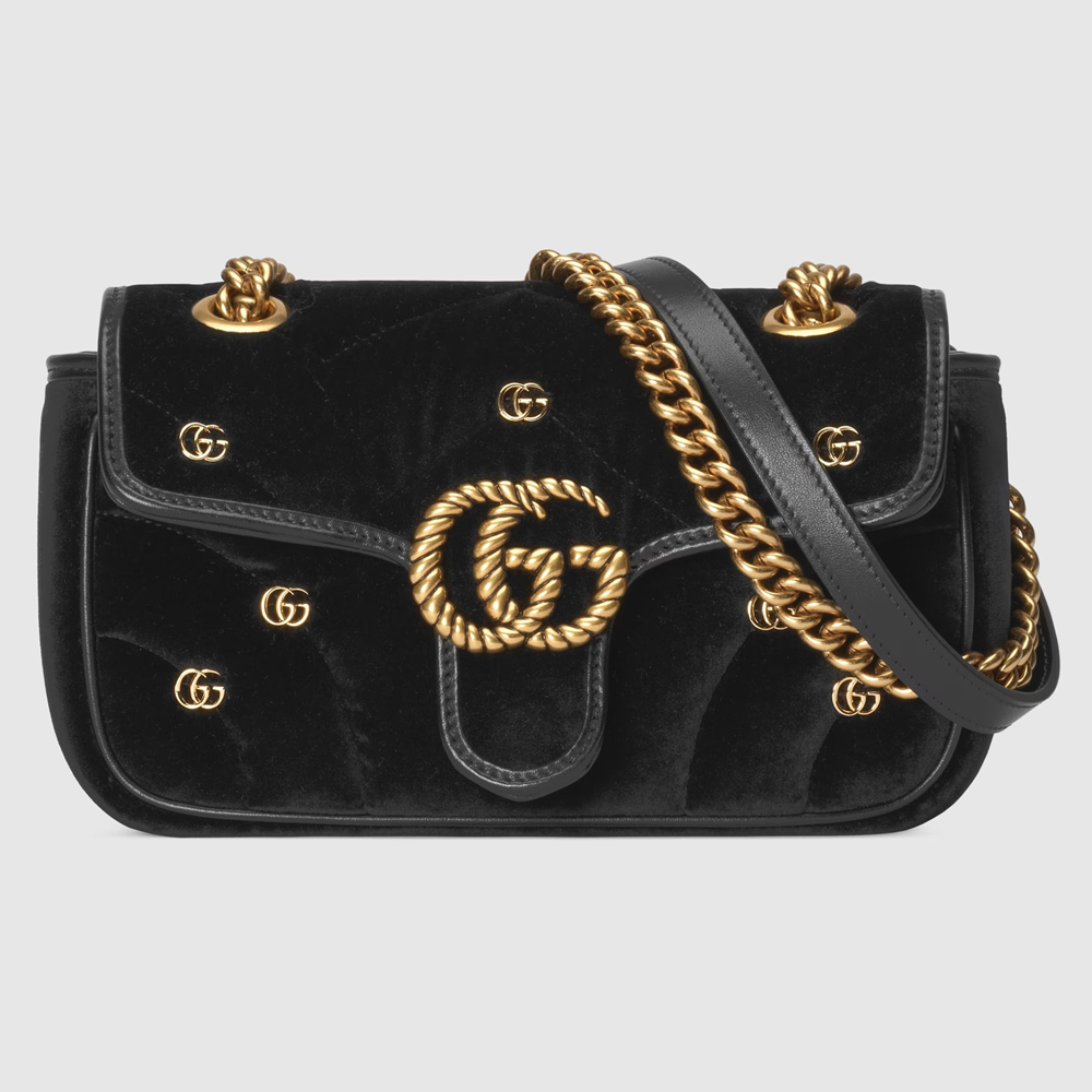 Gucci GG Marmont Mini Shoulder Bag in Black Velvet with Double G Studs GGBS10358