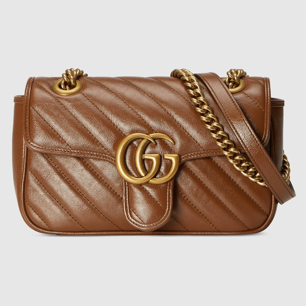 Gucci GG Marmont Mini Shoulder Bag in Brown Diagonal Leather GGBS10359