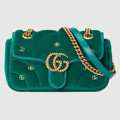 Gucci GG Marmont Mini Shoulder Bag in Green Velvet with Double G Studs GGBS10361