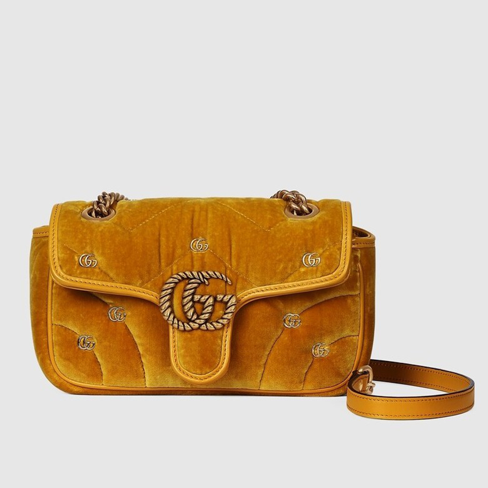 Gucci GG Marmont Mini Shoulder Bag in Jaune Velvet with Double G Studs GGBS10363