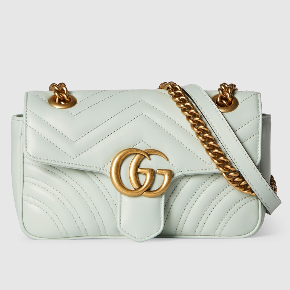 Gucci GG Marmont Mini Shoulder Bag in Pale Green Chevron Leather GGBS10366