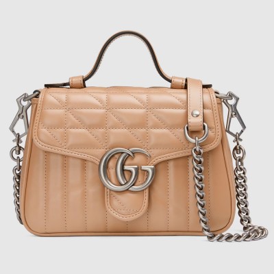 Gucci GG Marmont Mini Top Handle Bag in Rose Beige Matelasse Leather GGBS10419