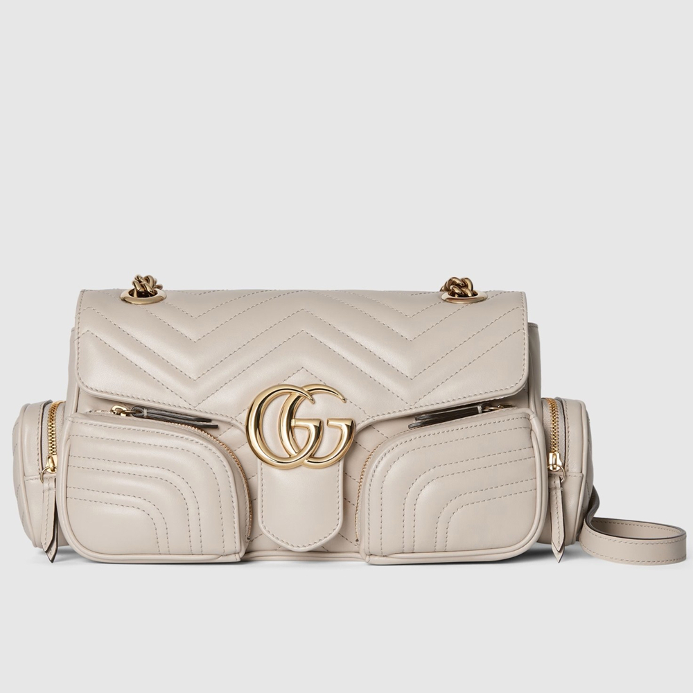 Gucci GG Marmont Small Bag with Multi-pocket in White Chevron Leather GGBS10327