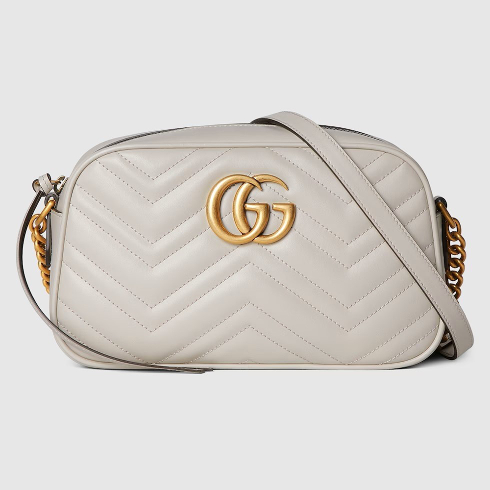 Gucci GG Marmont Small Camera Bag in Light Grey Chevron Calfskin GGBS10286