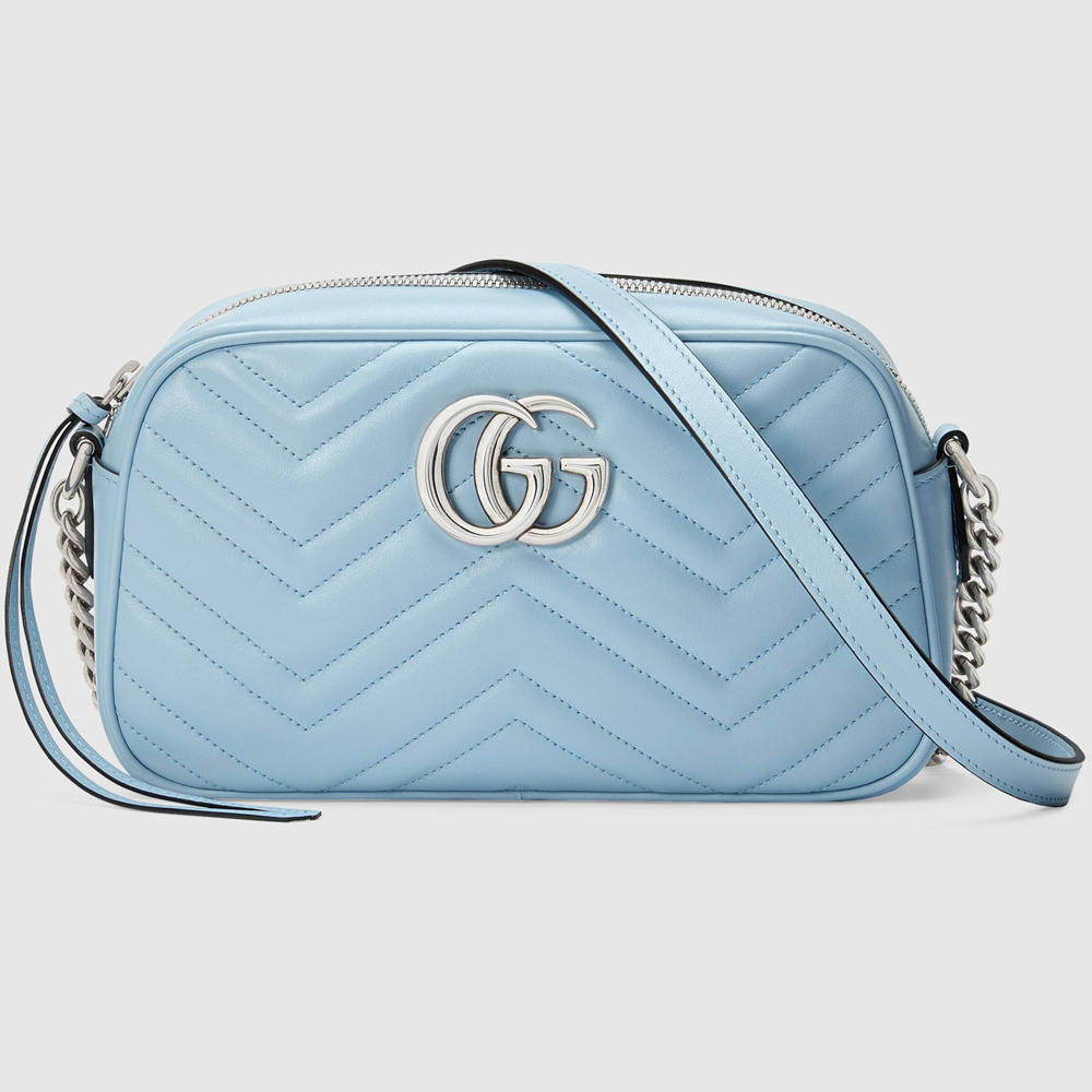 Gucci GG Marmont Small Camera Bag in Pastel Blue Chevron Leather GGBS10288