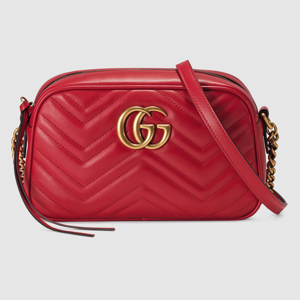 Gucci GG Marmont Small Camera Bag in Red Chevron Leather GGBS10294