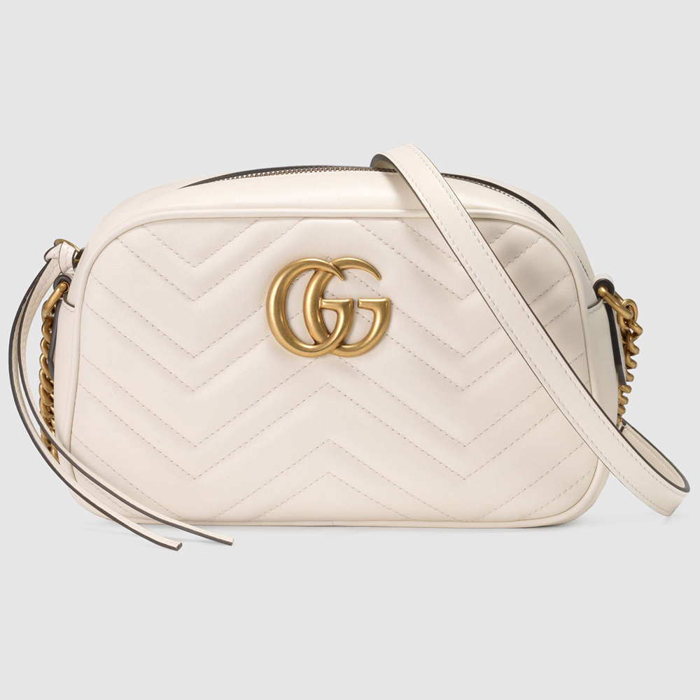 Gucci GG Marmont Small Camera Bag in White Chevron Leather GGBS10298