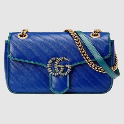 Gucci GG Marmont Small Shoulder Bag In Blue Matelasse Diagonal Leather GGBS10381