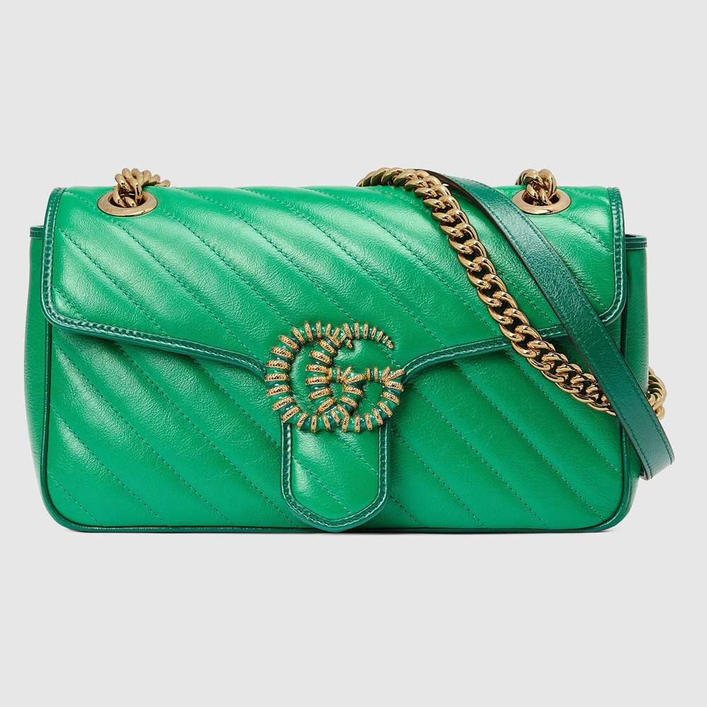 Gucci GG Marmont Small Shoulder Bag In Green Matelasse Diagonal Leather GGBS10387