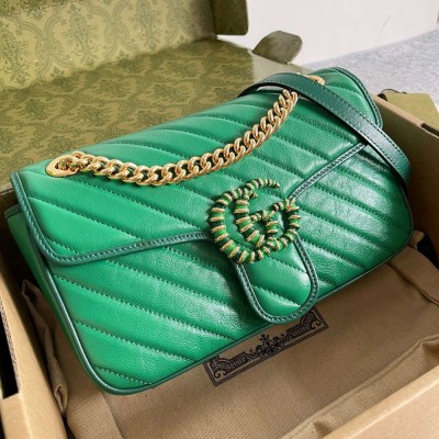 Gucci GG Marmont Small Shoulder Bag In Green Matelasse Diagonal Leather GGBS10387