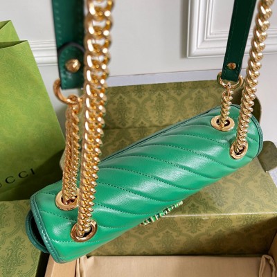 Gucci GG Marmont Small Shoulder Bag In Green Matelasse Diagonal Leather GGBS10387