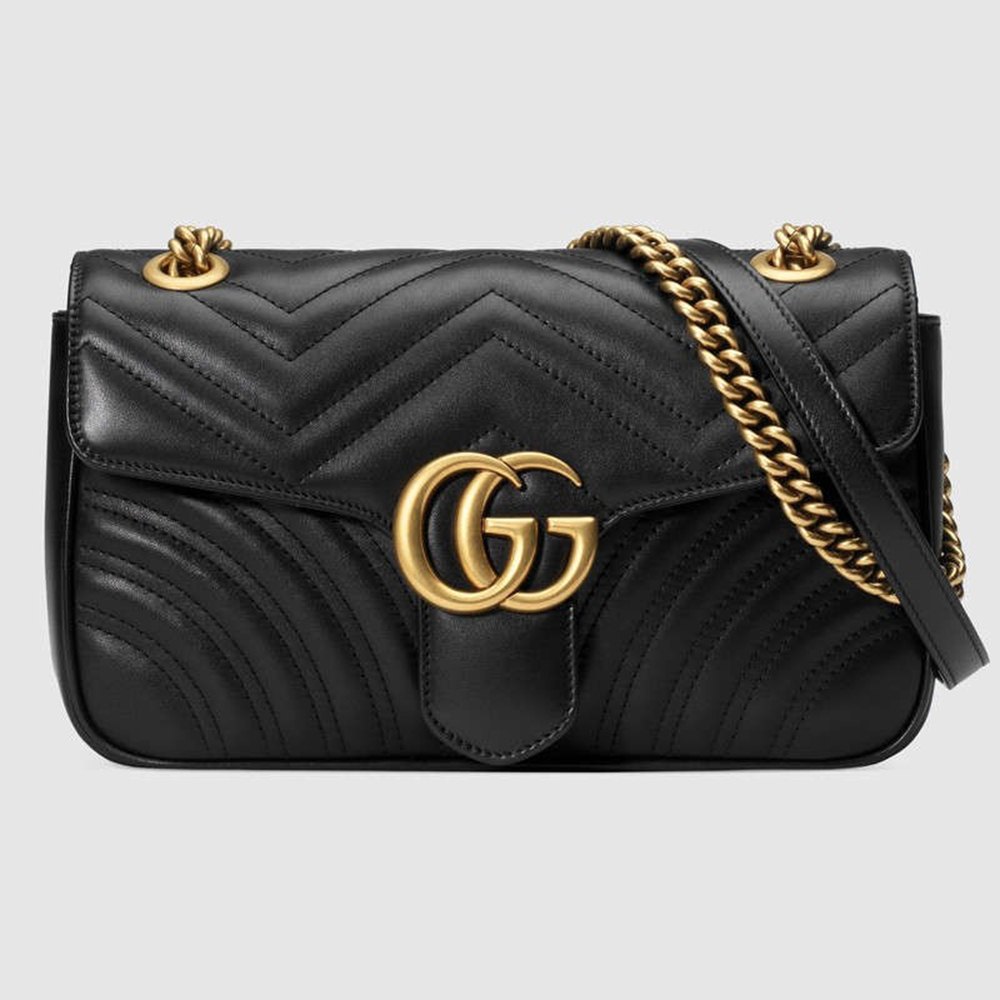 Gucci GG Marmont Small Shoulder Bag in Black Chevron Leather GGBS10372