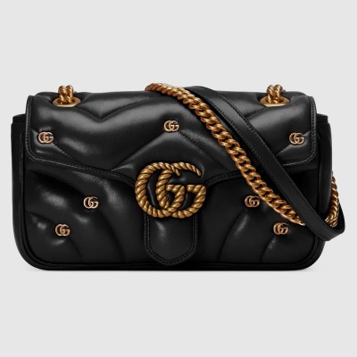 Gucci GG Marmont Small Shoulder Bag in Black Leather with Double G Studs GGBS10373