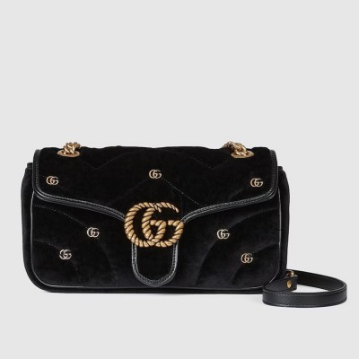 Gucci GG Marmont Small Shoulder Bag in Black Velvet with Double G Studs GGBS10377