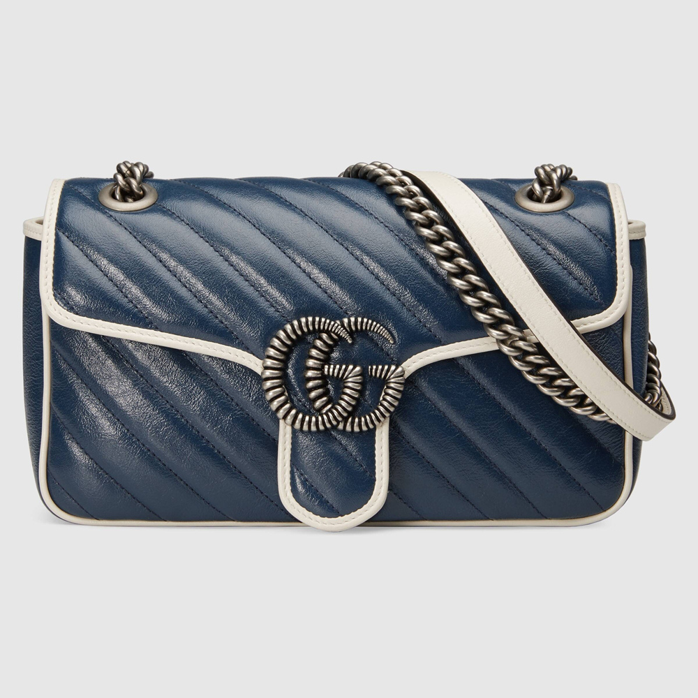 Gucci GG Marmont Small Shoulder Bag in Blue Diagonal Leather GGBS10378