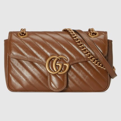 Gucci GG Marmont Small Shoulder Bag in Brown Diagonal Leather GGBS10382