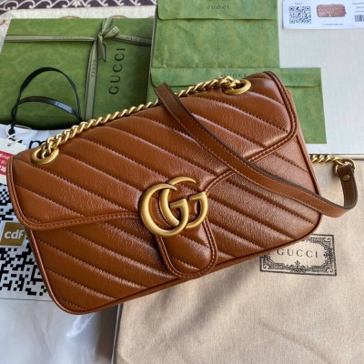 Gucci GG Marmont Small Shoulder Bag in Brown Diagonal Leather GGBS10382