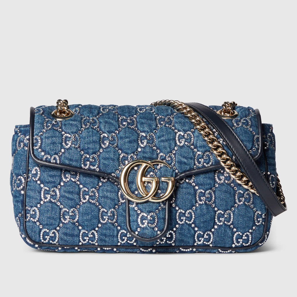 Gucci GG Marmont Small Shoulder Bag in Denim with Crystals GG GGBS10383