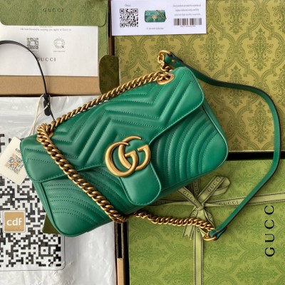 Gucci GG Marmont Small Shoulder Bag in Green Chevron Leather GGBS10384