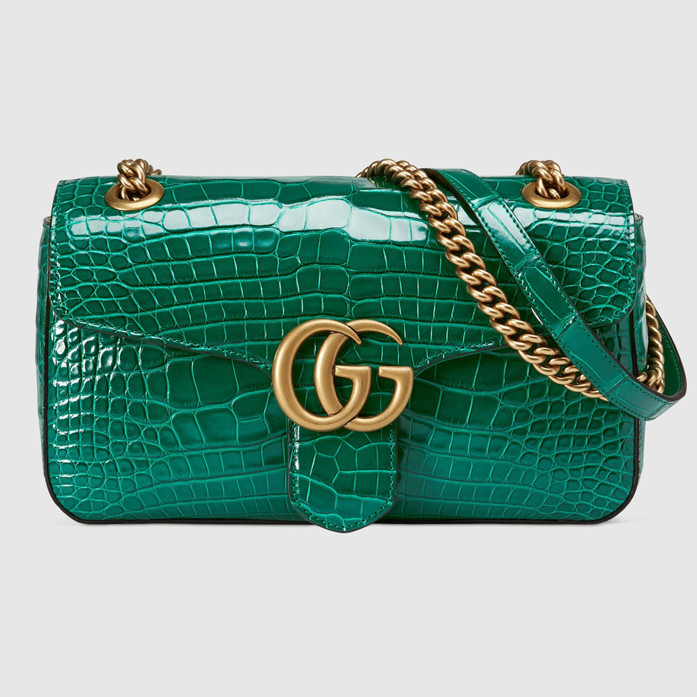 Gucci GG Marmont Small Shoulder Bag in Green Crocodile Leather GGBS10385