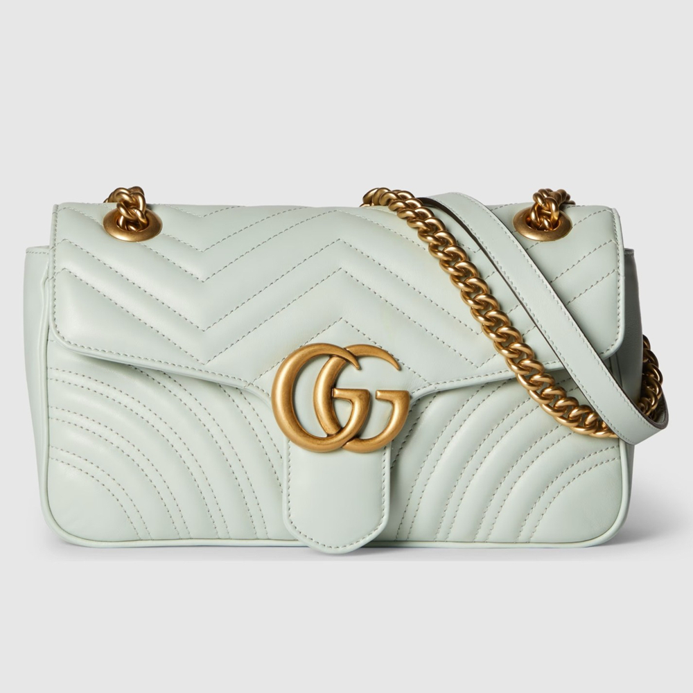 Gucci GG Marmont Small Shoulder Bag in Pale Green Chevron Leather GGBS10396