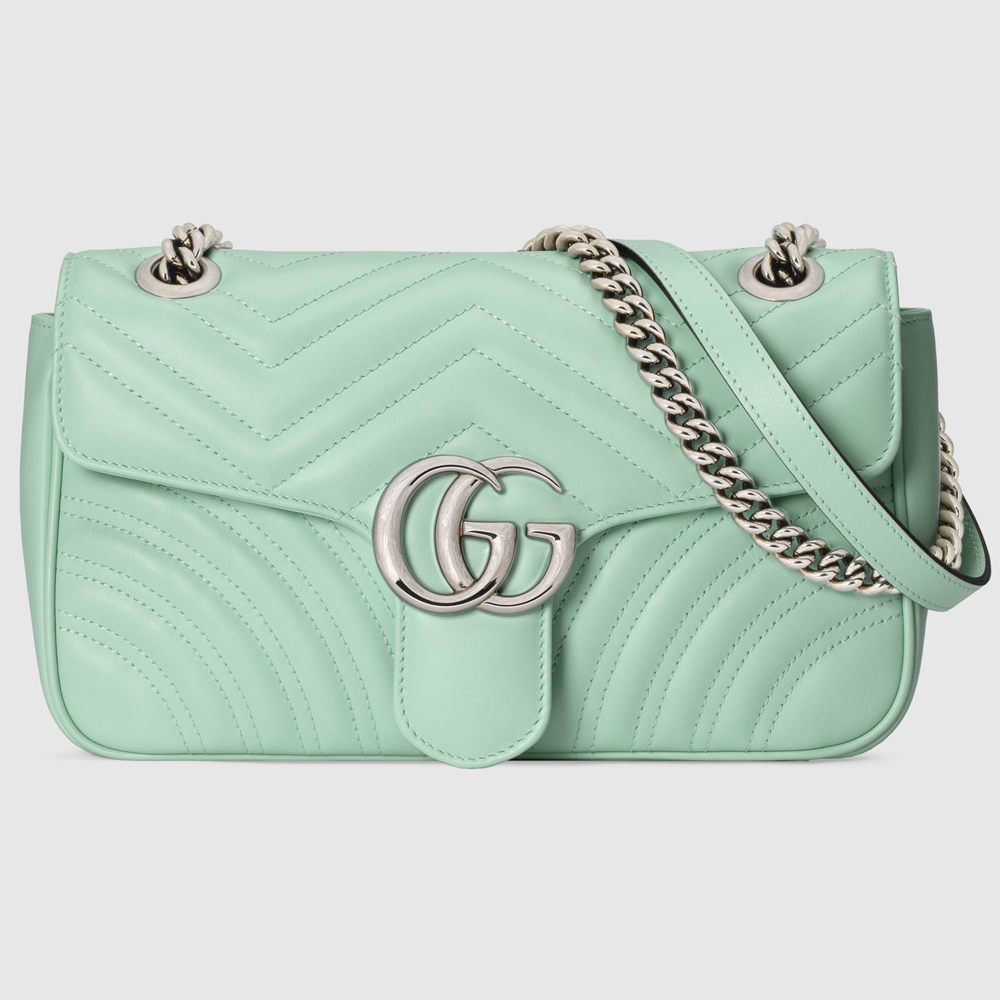 Gucci GG Marmont Small Shoulder Bag in Pastel Green Chevron Leather GGBS10397