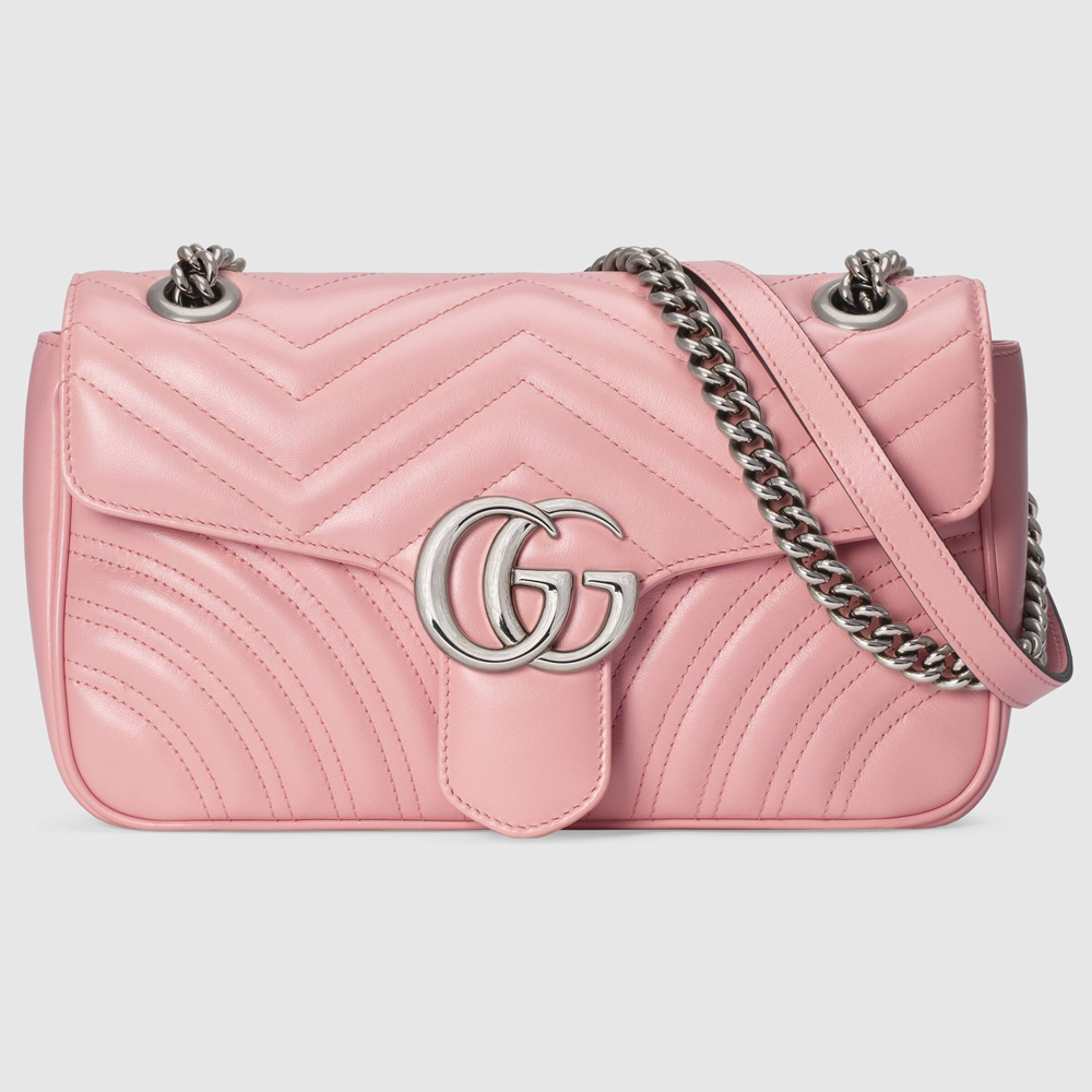 Gucci GG Marmont Small Shoulder Bag in Pastel Pink Chevron Leather GGBS10398