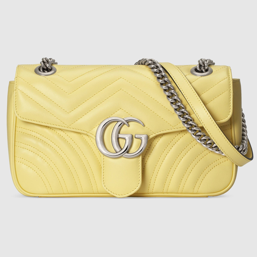 Gucci GG Marmont Small Shoulder Bag in Pastel Yellow Chevron Leather GGBS10399