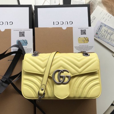 Gucci GG Marmont Small Shoulder Bag in Pastel Yellow Chevron Leather GGBS10399