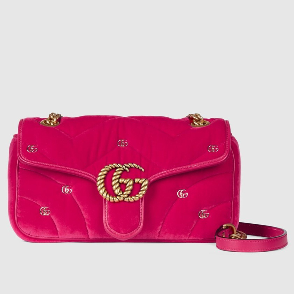 Gucci GG Marmont Small Shoulder Bag in Pink Velvet with Double G Studs GGBS10401