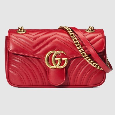 Gucci GG Marmont Small Shoulder Bag in Red Chevron Leather GGBS10402