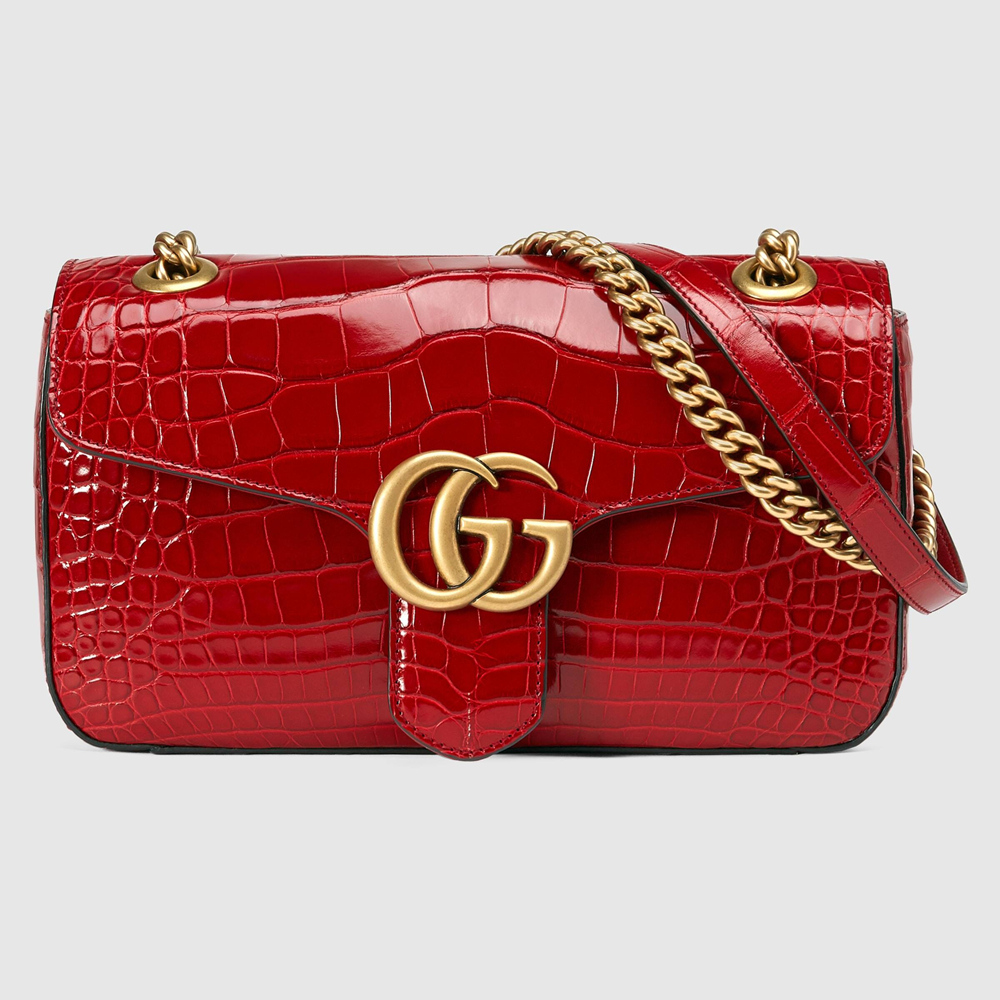 Gucci GG Marmont Small Shoulder Bag in Red Crocodile Leather GGBS10403