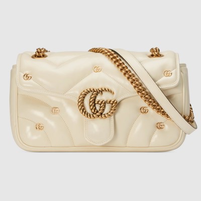 Gucci GG Marmont Small Shoulder Bag in White Leather with Double G Studs GGBS10409