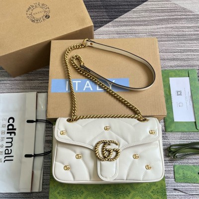 Gucci GG Marmont Small Shoulder Bag in White Leather with Double G Studs GGBS10409