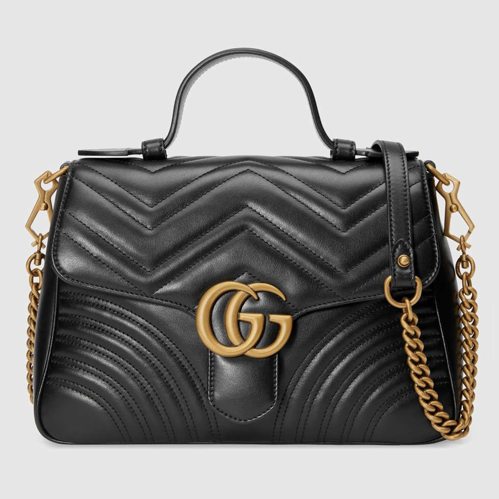 Gucci GG Marmont Small Top Handle Bag in Black Chevron Calfskin GGBS10422