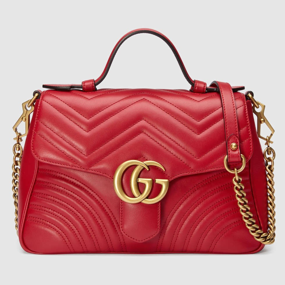 Gucci GG Marmont Small Top Handle Bag in Red Chevron Calfskin GGBS10426