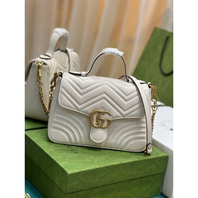 Gucci GG Marmont Small Top Handle Bag in White Chevron Calfskin GGBS10427