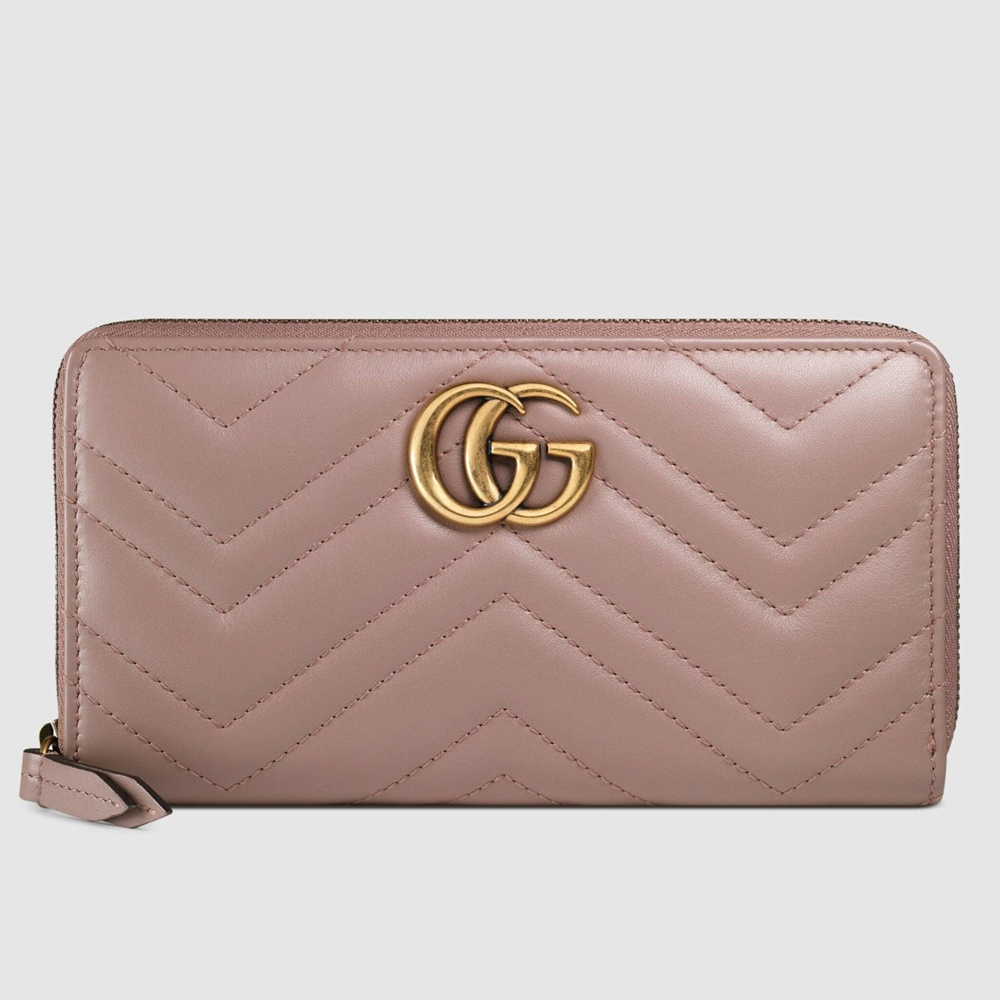 Gucci GG Marmont Zip Around Wallet In Dusty Pink Matelasse Leather GGBS10944