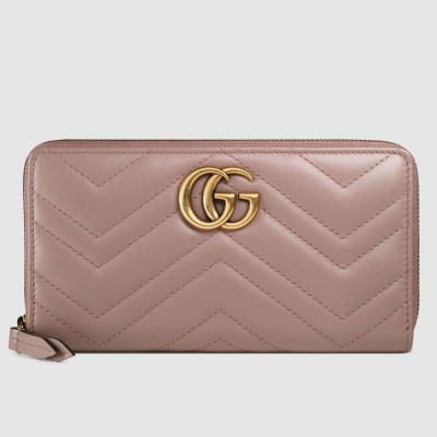 Gucci GG Marmont Zip Around Wallet In Dusty Pink Matelasse Leather GGBS10944