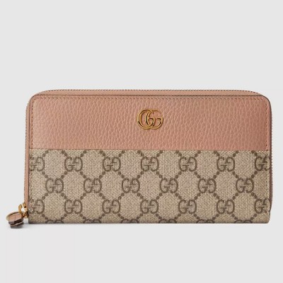 Gucci GG Marmont Zip Around Wallet in GG Supreme with Pink Leather GGBS10946