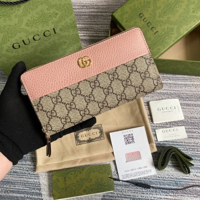 Gucci GG Marmont Zip Around Wallet in GG Supreme with Pink Leather GGBS10946