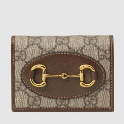 Gucci Horsebit 1955 Card Case Wallet in GG Supreme with Brown Leaher GGBS11000