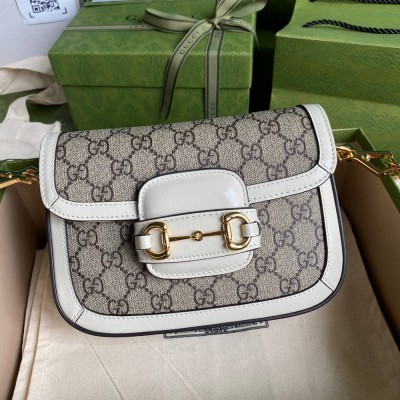 Gucci Horsebit 1955 Mini Bag in GG Canvas with White Calfskin GGBS10484