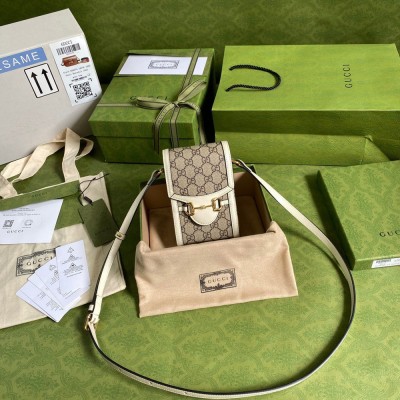 Gucci Horsebit 1955 Mini Bag in GG Canvas with White Leather GGBS10485